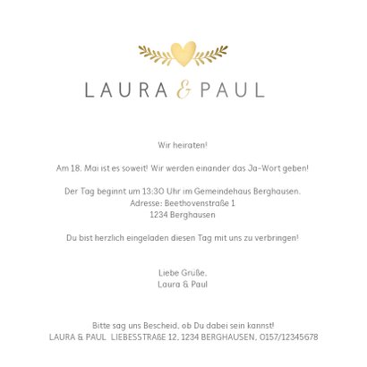 Einladungskarte zur Hochzeit mit goldenen Tauben und Herz 3