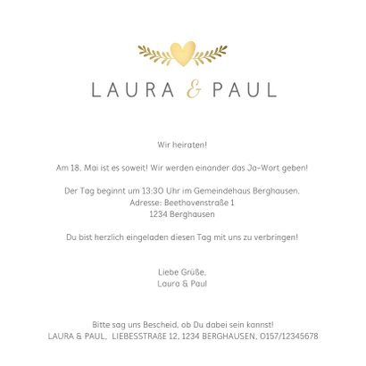 Einladungskarte zur Hochzeit mit goldenen Tauben und Herz 3