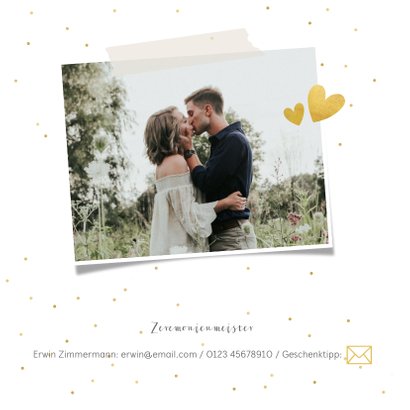 Einladungskarte zur Hochzeit mit goldener Schrift und Foto 2
