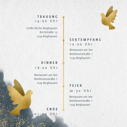 Einladungskarte zur Hochzeit mit Wasserfarben und Tauben 2