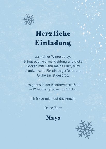 Einladungskarte zur Winterparty mit Berg und Schnee 3