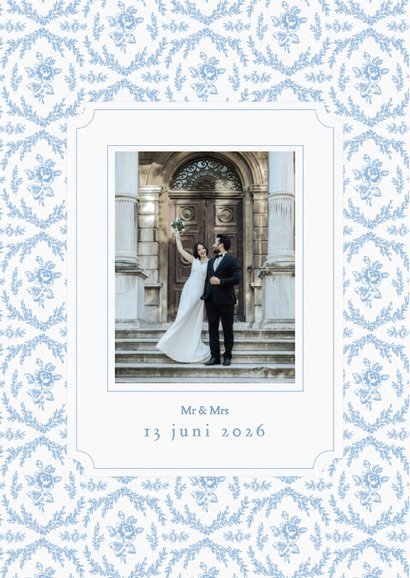 Elegante bedankkaart huwelijk met blauw roze patroon en foto 2