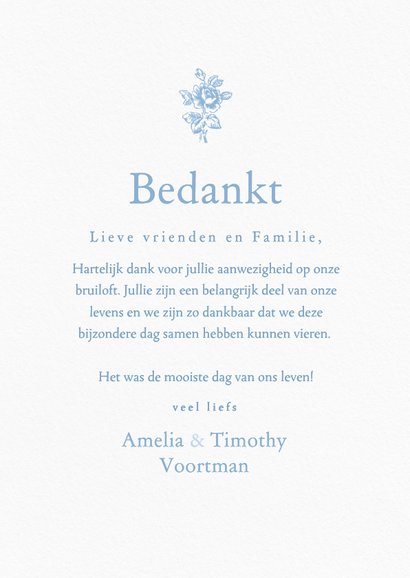 Elegante bedankkaart huwelijk met blauw roze patroon en foto 3