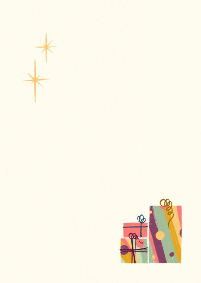 Engelstalige kerstkaart met kleurrijke cadeautjes Achterkant