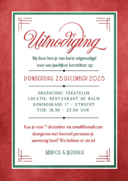 Feestelijke rood groene kerstdiner uitnodiging met strik 3
