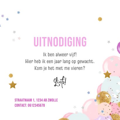 Feestelijke uitnodiging kinderfeestje 5jaar ster ballonnen 3