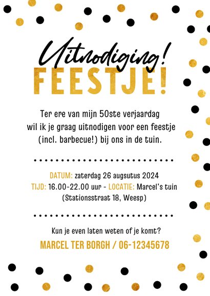 Feestelijke uitnodiging tuinfeestje met confetti en letters 3