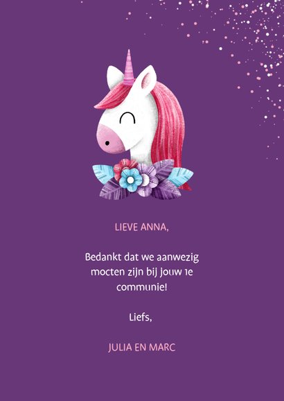 Felicitatie communie unicorn met confetti en foto 3