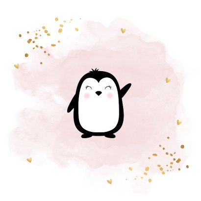 Felicitatie Communie waterverf roze pinguïn 2