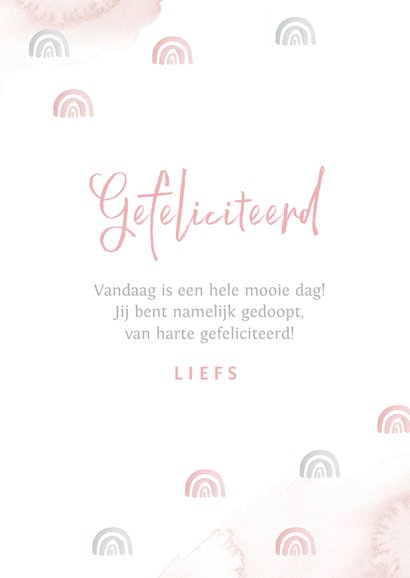 Felicitatie doopsel meisje witte duif regenboogjes roze 3