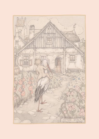 Felicitatie geboorte Anton Pieck ooievaar met baby naar huis 2