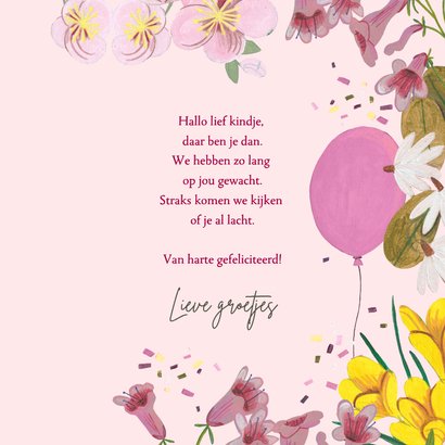 Felicitatie geboorte bloemen en ballonnen roze 3