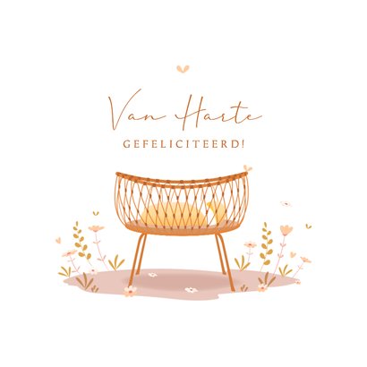 Felicitatie geboorte illustratie rotan wiegje met bloesem 2