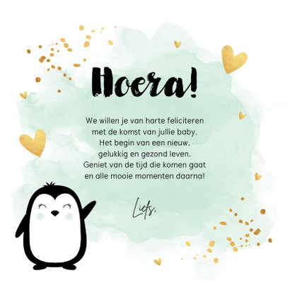 Felicitatie geboorte jongen pinguïn waterverf groen 3