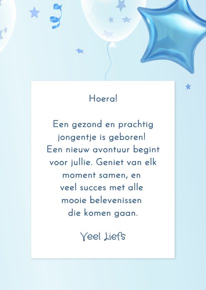 Felicitatie geboorte jongen ster confetti en 3d ballonnen 3