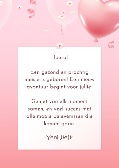 Felicitatie geboorte meisje hartjes en bloesem 3d ballonnen 3