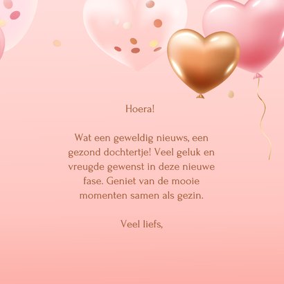 Felicitatie geboorte meisje hartjes en confetti 3d ballonnen 3