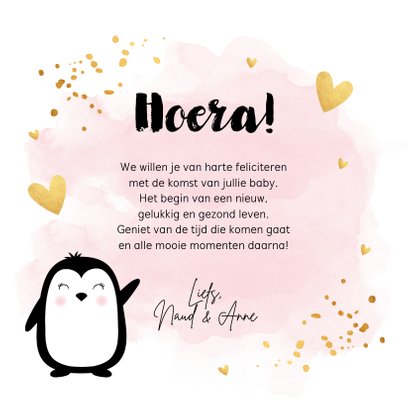 Felicitatie geboorte meisje pinguïn waterverf roze goudlook 3