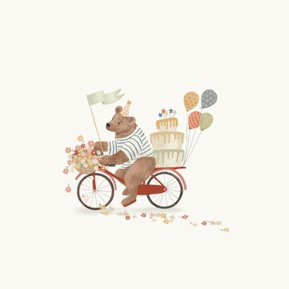 Felicitatie geboorte met een beer op een fiets met taart 2