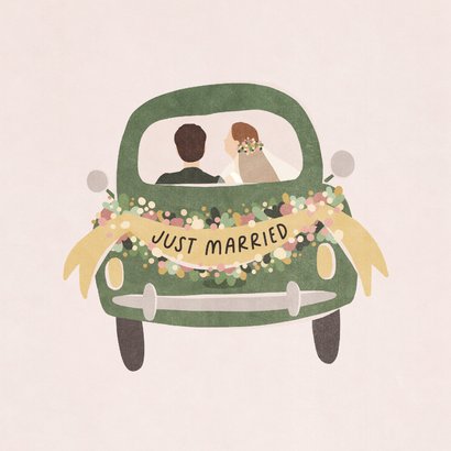 Felicitatie huwelijk versierde auto 'just married' 2