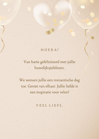 Felicitatie huwelijksjubileum met gouden 3d hartjes ballon 3