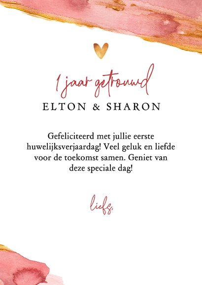 Felicitatie kaart 1 jaar getrouwd waterverf goud 3