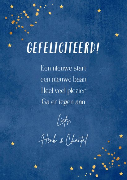 Felicitatie kaart nieuwe baan blauw goudlook typografie 3