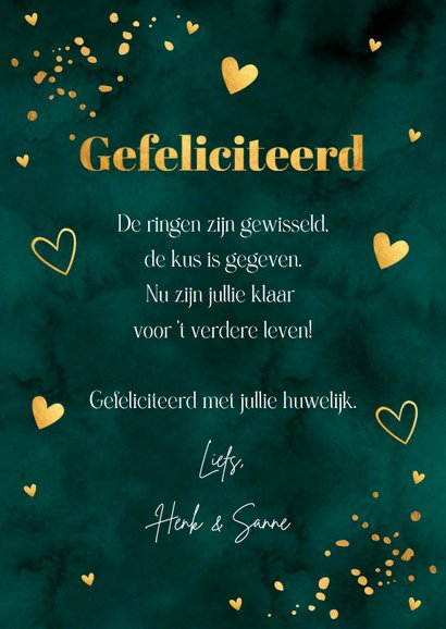 Felicitatie kaart pas getrouwd groen goudlook hartjes 3