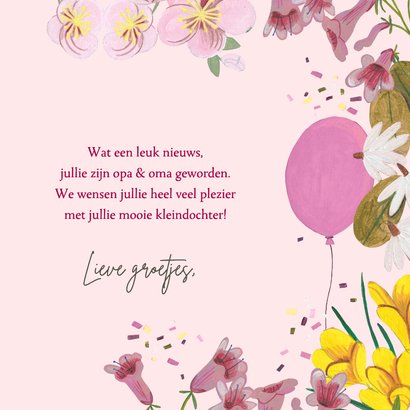Felicitatie kleindochter bloemen en ballonnen roze 3