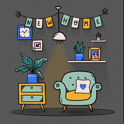 Felicitatie nieuwe woning illustratie uitgelichte woonkamer 2