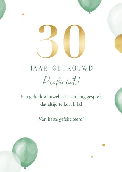 Felicitatiekaart 30 jaar getrouwd goud ballonnen hartjes 3