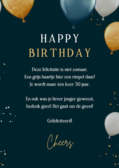 Felicitatiekaart 30 jaar goud ballonnen en spetters goud 3