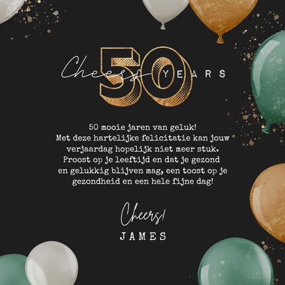 Felicitatiekaart cheers 50 years goud ballonnen goud man 3