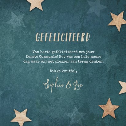Felicitatiekaart eerste communie label houten sterren blauw 3