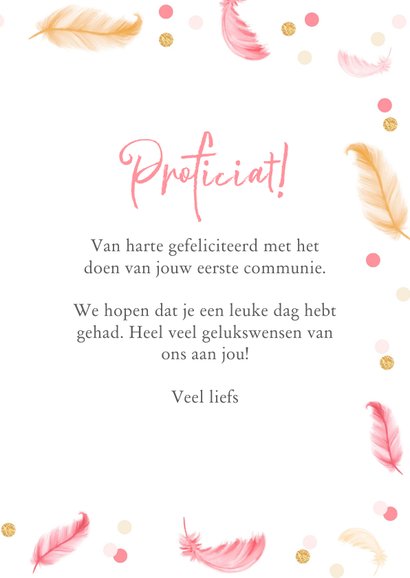Felicitatiekaart eerste communie veertjes roze meisje 3