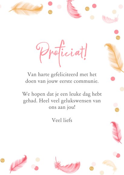 Felicitatiekaart eerste communie veertjes roze meisje 3