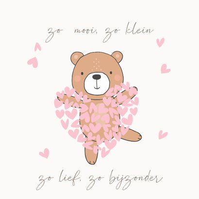 Felicitatiekaart geboorte - beer meisje roze hartjes 2