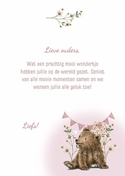 Felicitatiekaart geboorte beertje tussen bloemen meisje 3