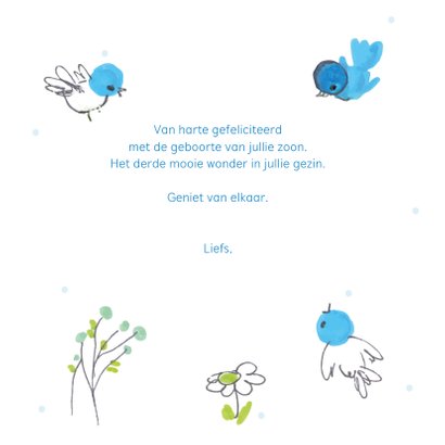 Felicitatiekaart geboorte blauwe vogeltjes om cirkel 3