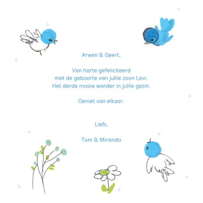 Felicitatiekaart geboorte blauwe vogeltjes om cirkel 3