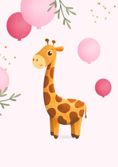 Felicitatiekaart geboorte giraf ballonnen meisje dieren 2
