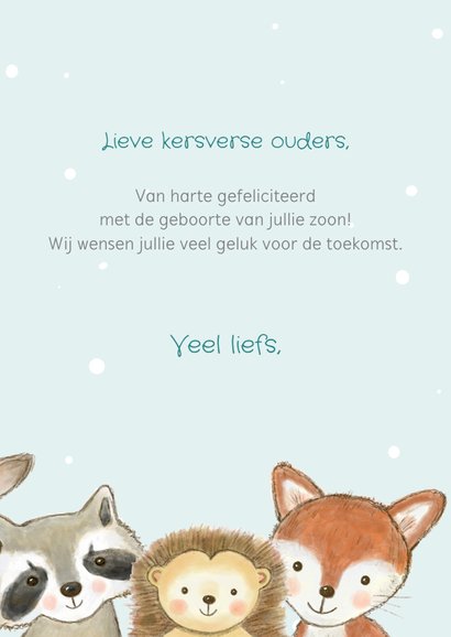 Felicitatiekaart geboorte jongen bosdieren met confetti 3