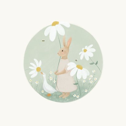 Felicitatiekaart geboorte konijn en eend tussen de bloemen 2