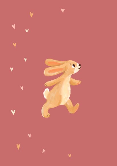 Felicitatiekaart geboorte konijn met ballon en hartjes 2