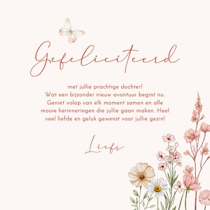 Felicitatiekaart geboorte meisje bloemen in pastel 3