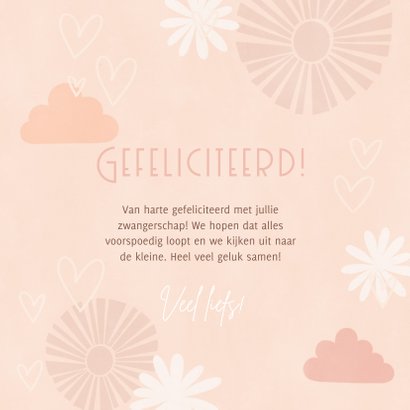 Felicitatiekaart geboorte meisje bloemen, wolken en hartjes 3