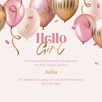 Felicitatiekaart geboorte meisje girl ballonnen confetti 3