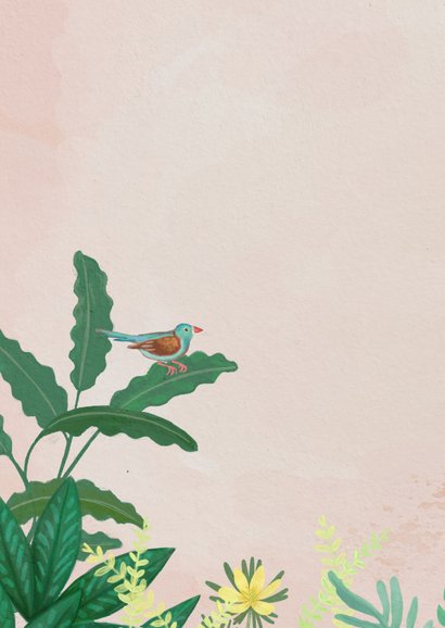Felicitatiekaart geboorte meisje hangwieg tussen de planten 2