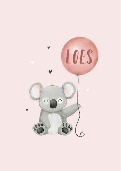 Felicitatiekaart geboorte meisje koala ballon hartjes 2