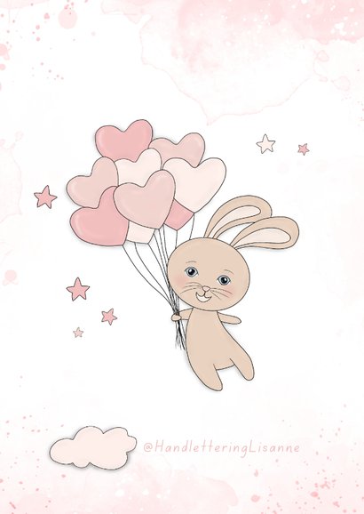Felicitatiekaart geboorte meisje konijntje hartjes ballonnen 2